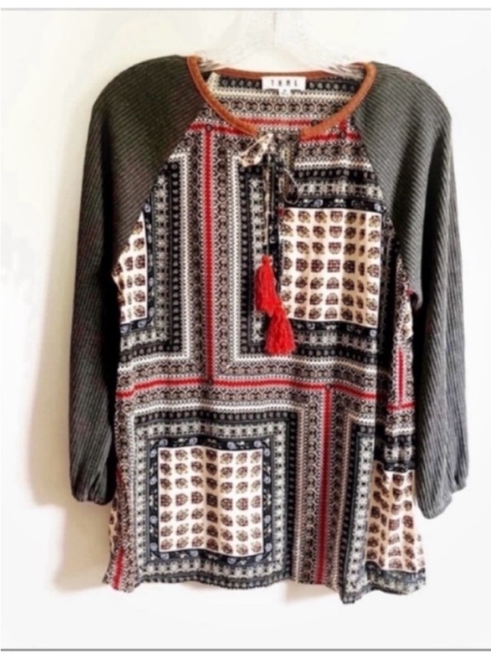 Anthropologie THML shirt mixed print gray thermal tie neck tassels